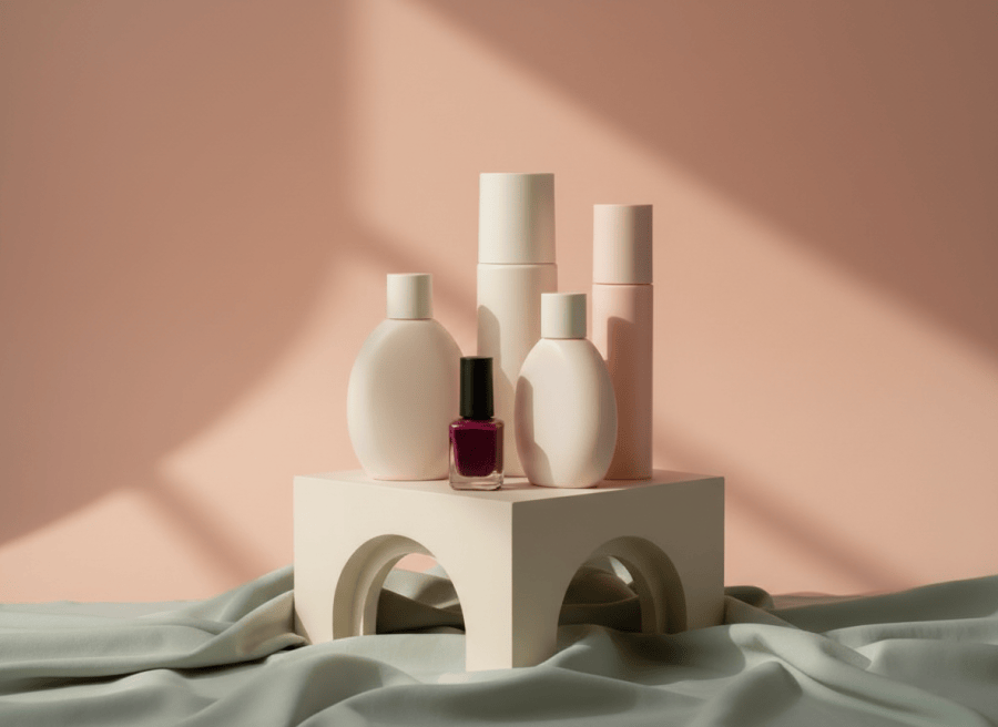 Productos de belleza en tonos rosa, baya, marfil y verde salvia.