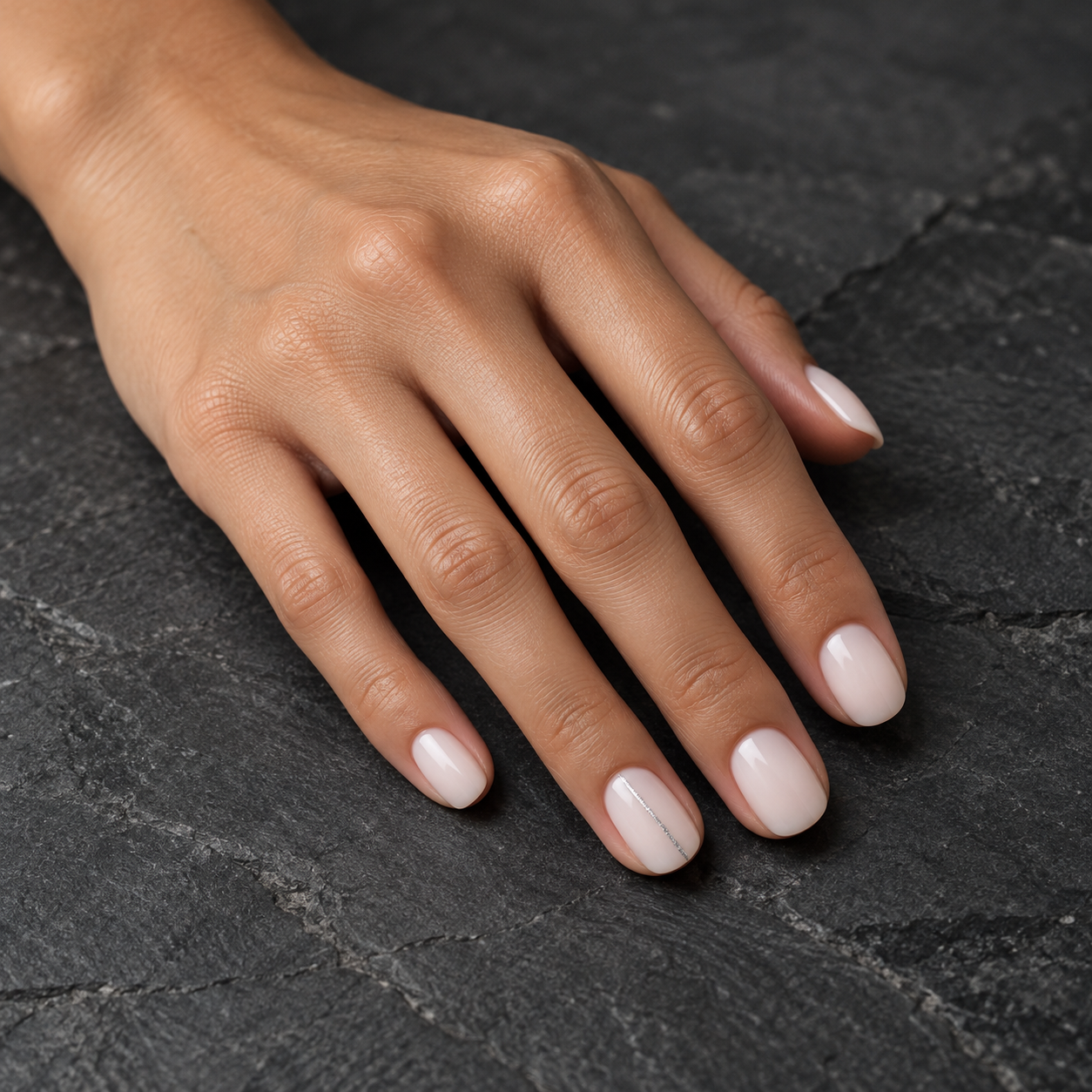 Mano de piel oliva con manicura corta blanco lechoso y línea plateada.