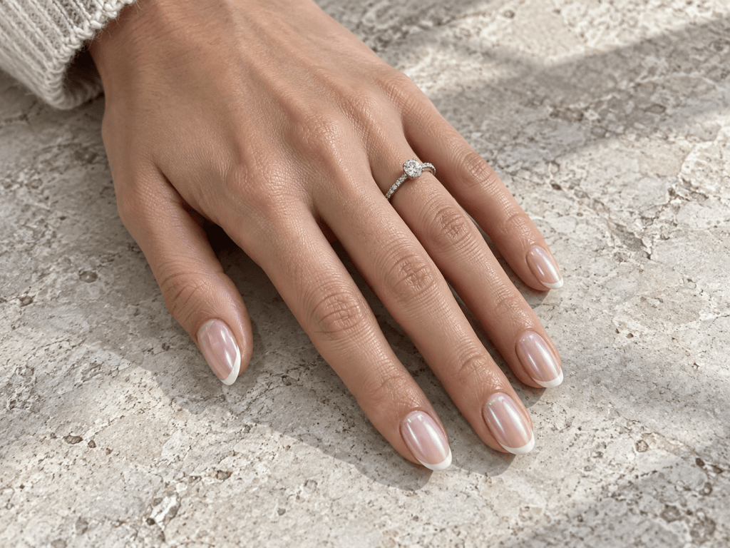 Mano completa con manicura micro french perlada.