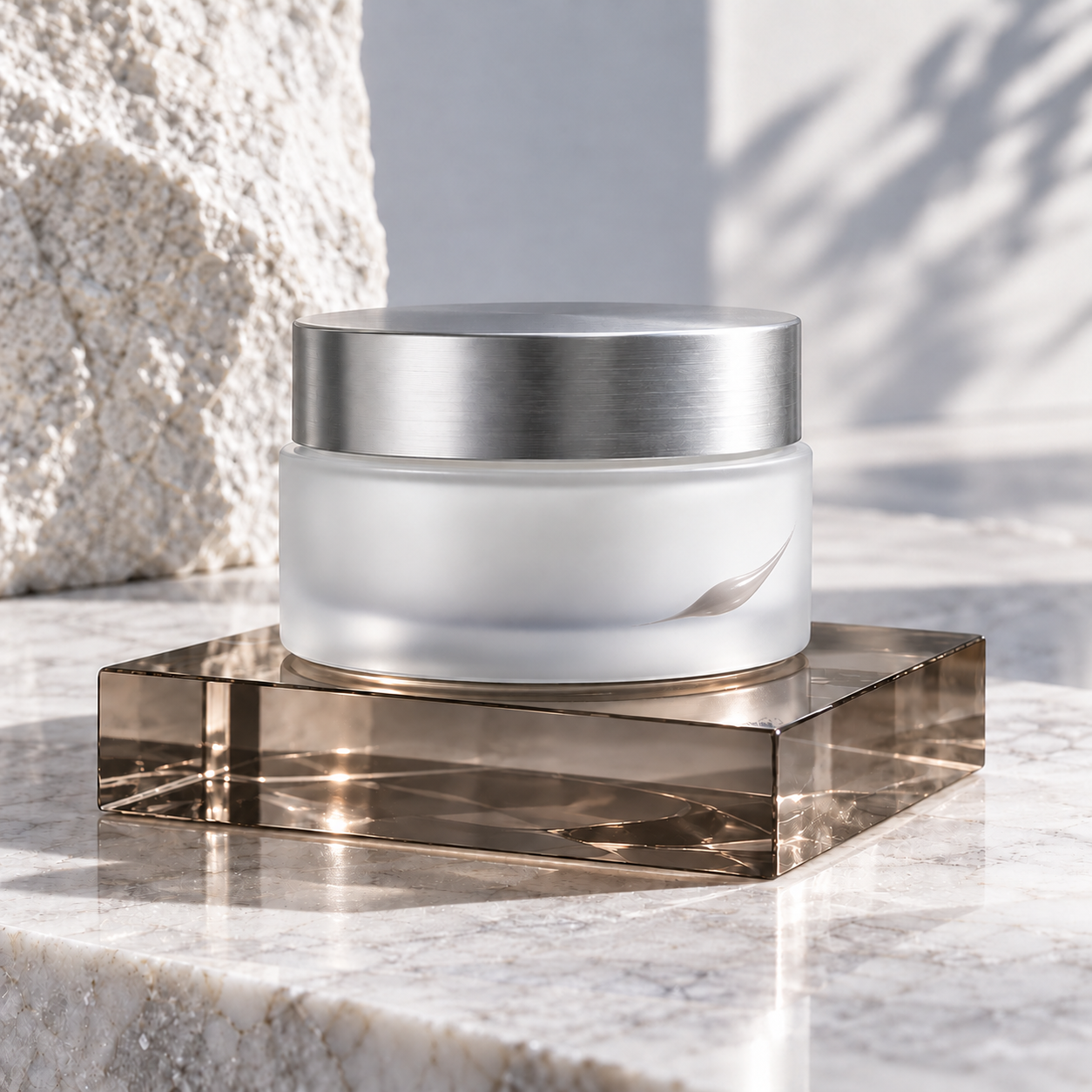 Crema facial en tarro blanco perla y plata sobre base de cuarzo ahumado.
