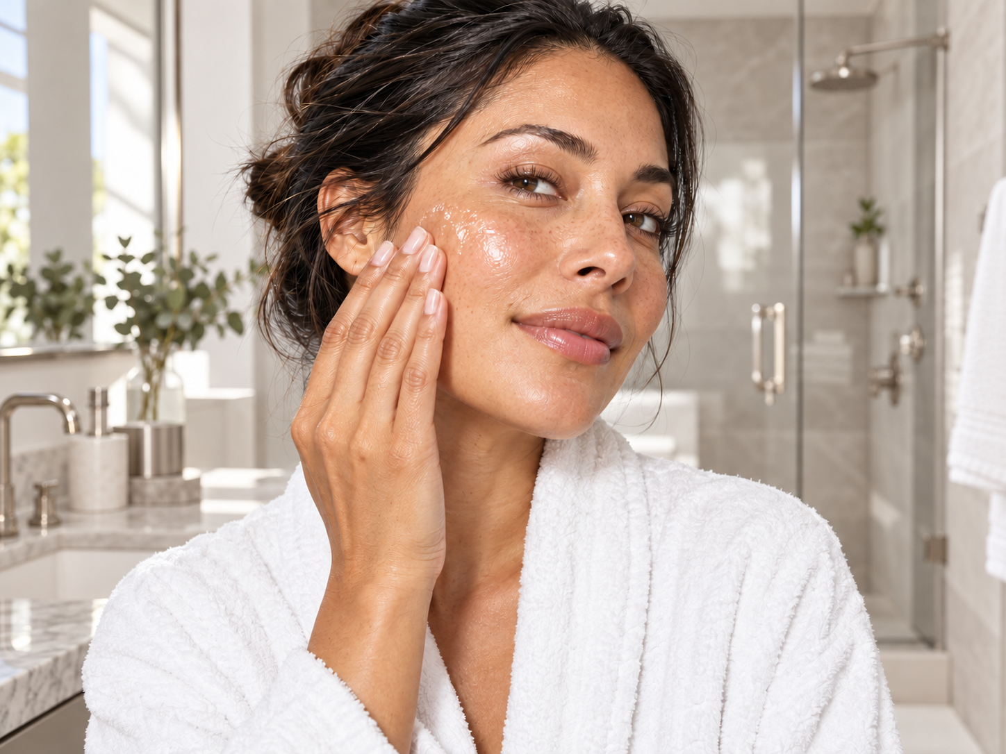 Mujer aplicando sérum en un baño blanco y taupe de luz natural.