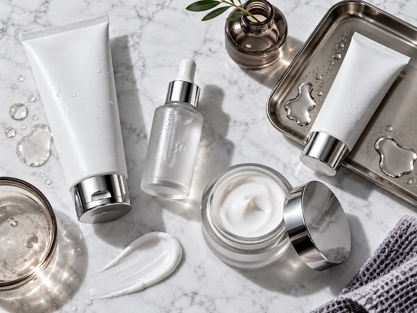 Rutina de cuidado facial en blanco perla, plata y taupe.