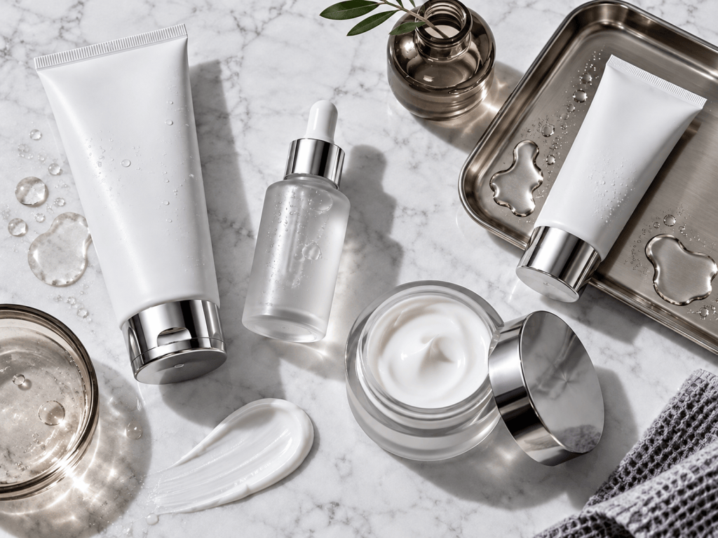 Rutina de cuidado facial en blanco perla, plata y taupe.