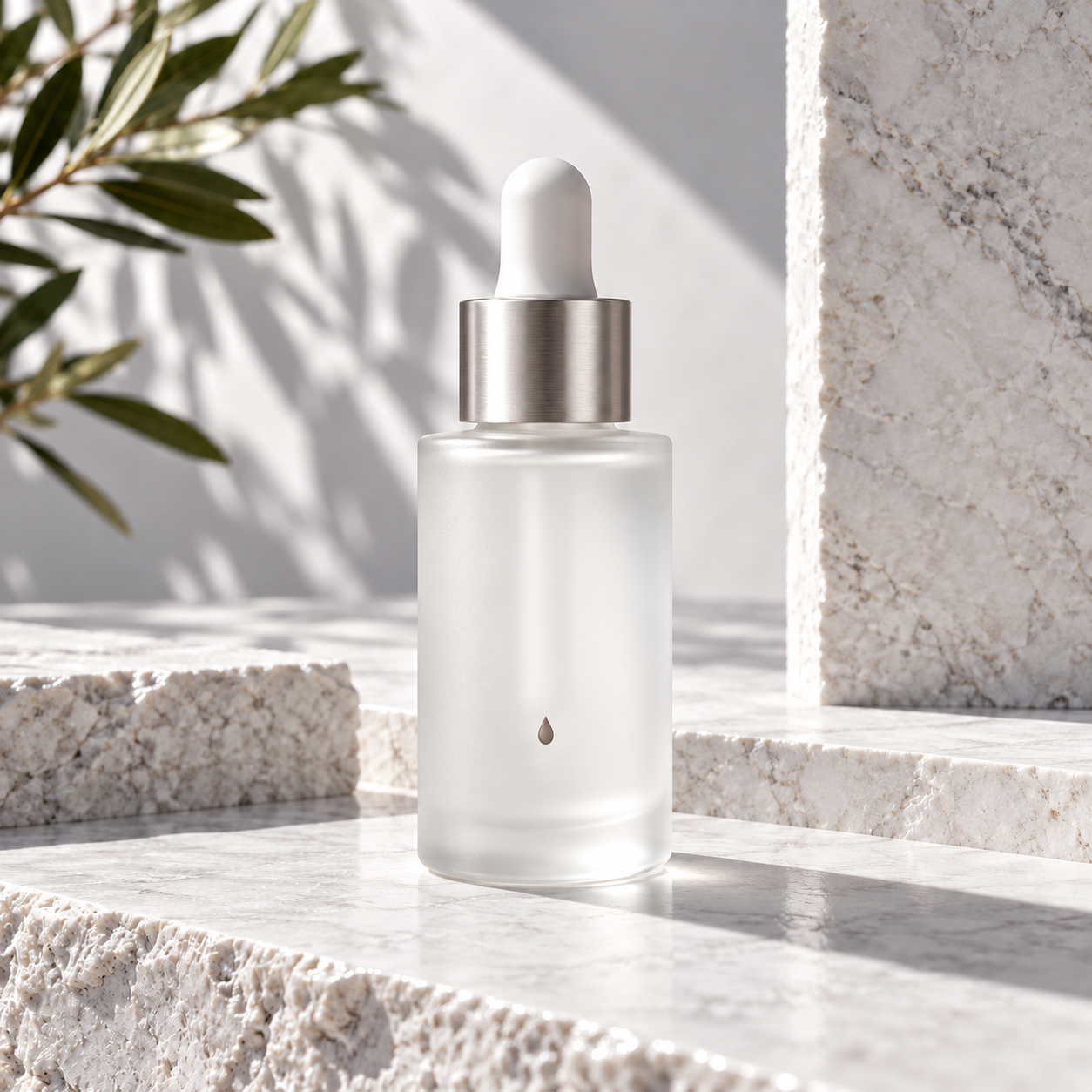Sérum facial en frasco blanco perla y plata sobre piedra clara.